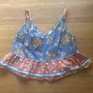 Joie Floral Blue & Orange Sleeveless Cropped Top (100% Cotton)